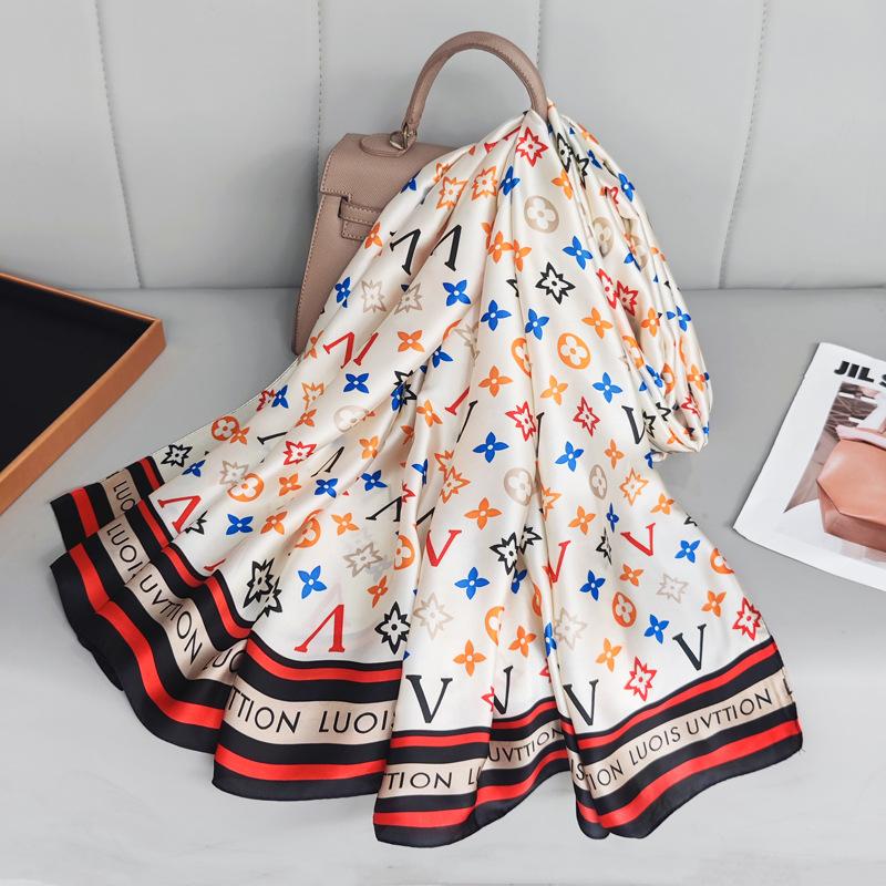 New Spring and Summer Long Silk Scarf High-end Imitation Silk Kicker Silk Scarf with Brocade Printed Shawl On The Outside Sun Protection Scarf