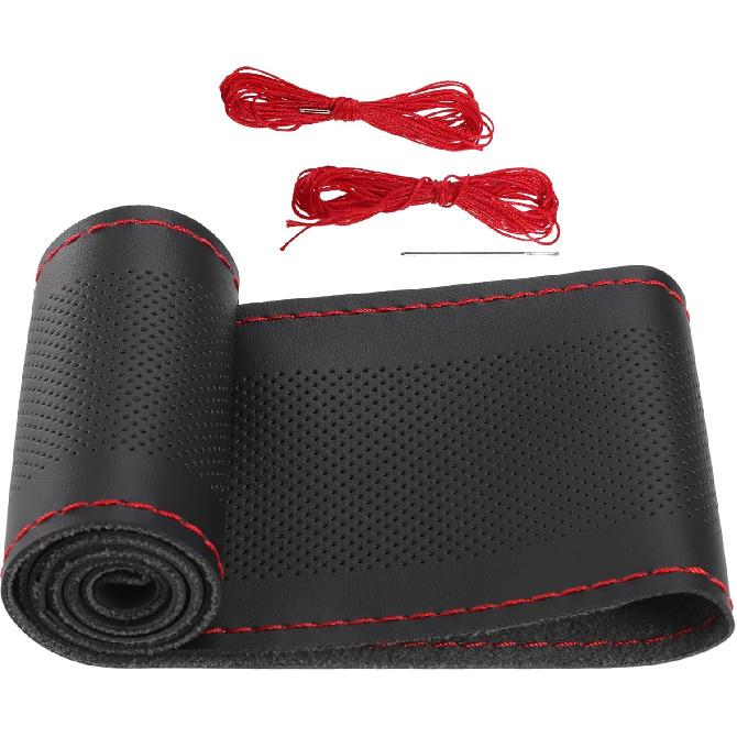 Car Hand Sewn DIY Steering Wheel Cover Breathable Comfortable 32-35cm Stitch On Wrap Cover Microfiber Leather Black Stitches