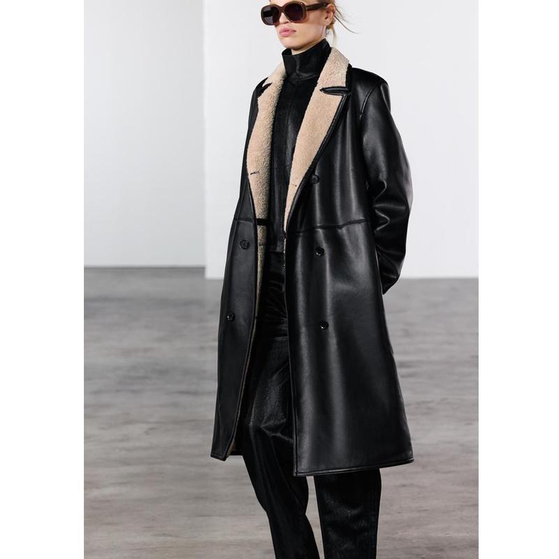 Fall and Winter New Women's Clothing French Double Breasted Poly Urethane Leather Long Sleeves Lapel Double-Sided Coat Outwear 2969260