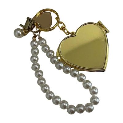 Heart Shaped Mirror Keychain with Beaded Chain Makeup Checker Stylish Alloy Jewelry Accessory For Women Girls Gift