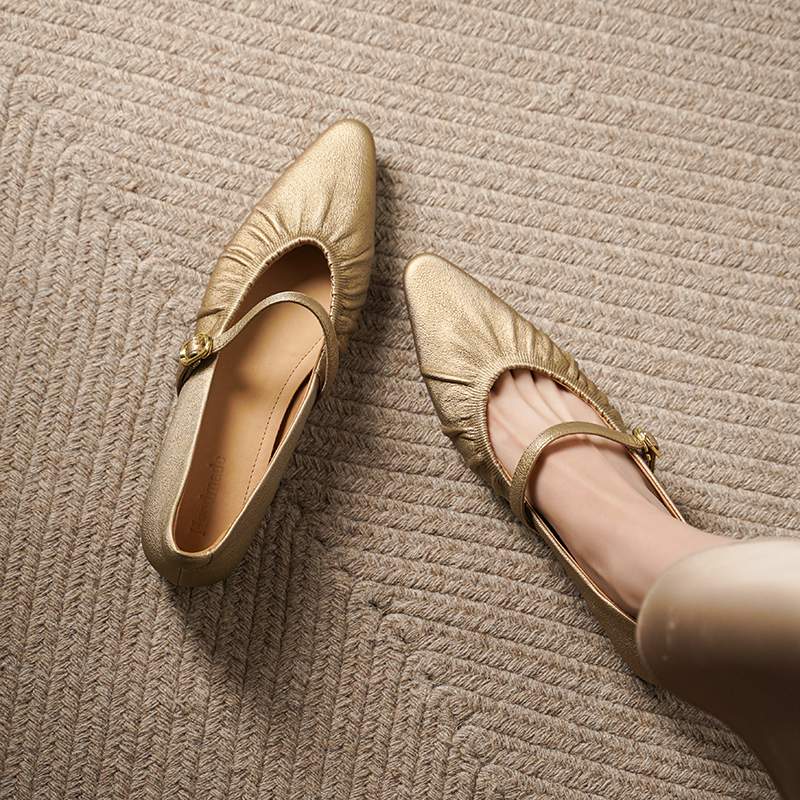 Krazing Pot Sheep Skin Summer Spring Autumn Low Heels Women Square Toe Mary Janes Shallow Pleated Decoration Pumps
