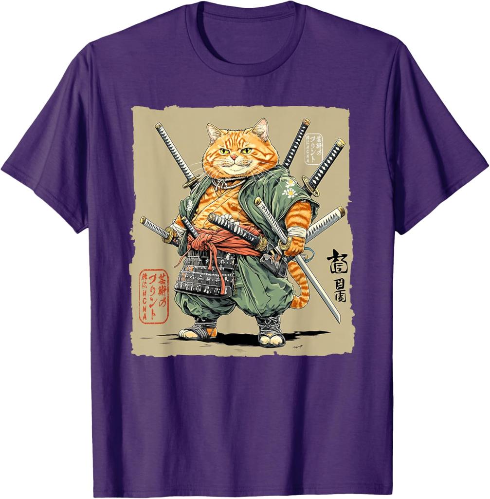 Samurai Cat Warrior Swords Graphic Tee Mens Cotton Casual TShirt