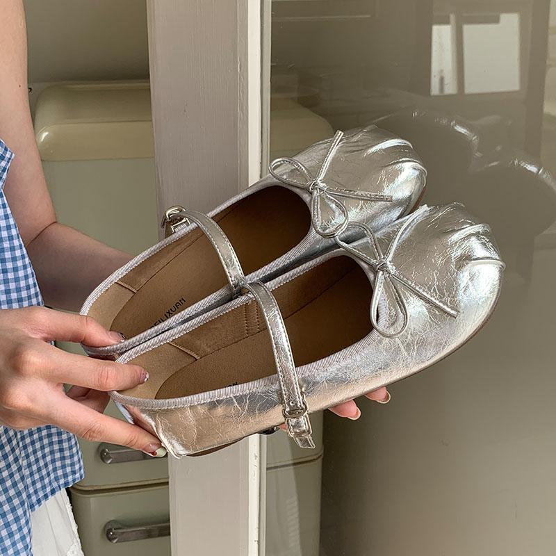 

Модная женская обувь с ремешком на пряжке, балетки Мэри Джейн для дам, неглубокие, модные, с бантом-бабочкой, женские балетки 35 серебряный