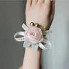 Elastic Pearls Wrist Corsage Adjustable Bridesmaids Bracelet Small Rose Flower Wristband for Weddings and Parties