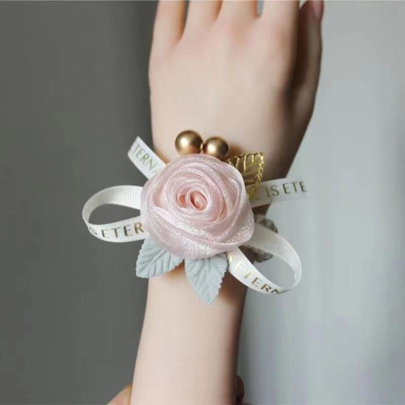 Elastic Pearls Wrist Corsage Adjustable Bridesmaids Bracelet Small Rose Flower Wristband for Weddings and Parties