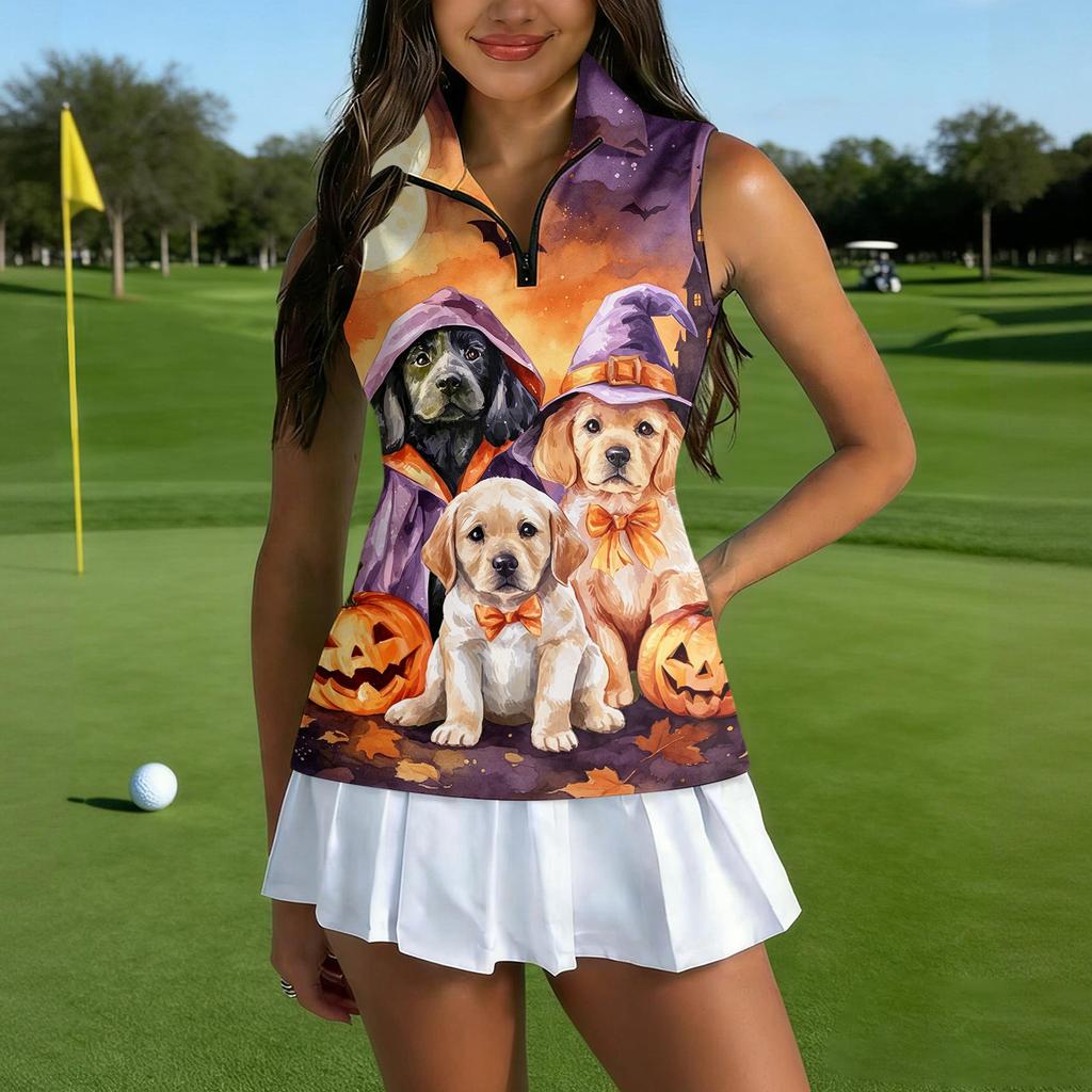 Women's Sleeveless Golf Shirt with Zipper Collar Halloween Print Sports Vest for Casual Wear