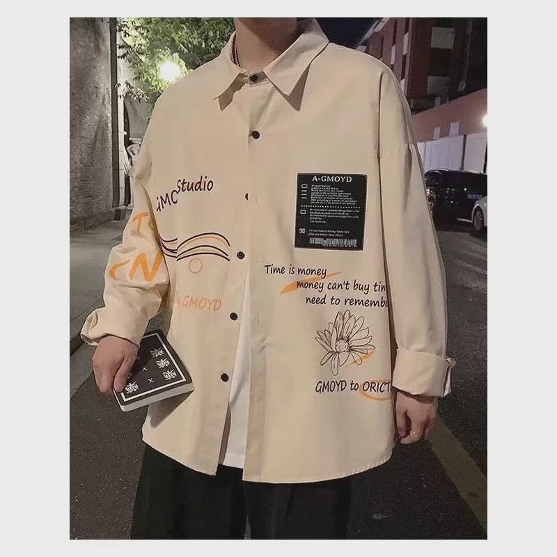 Men's Harajuku Style Fashion Cardigan Jacket: Casual, Handsome, Letter Print Long Sleeve Lapel Shirt