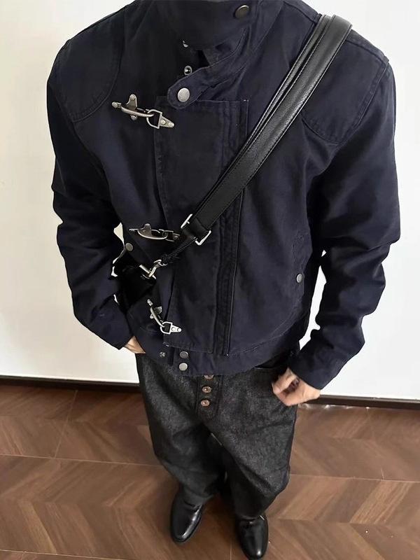 

Вінтажний потертий пряжка літак Лацкан Куртка, Унісекс Весна/Осінь Ретро Коротка Широка Робочий стиль Medium чорний