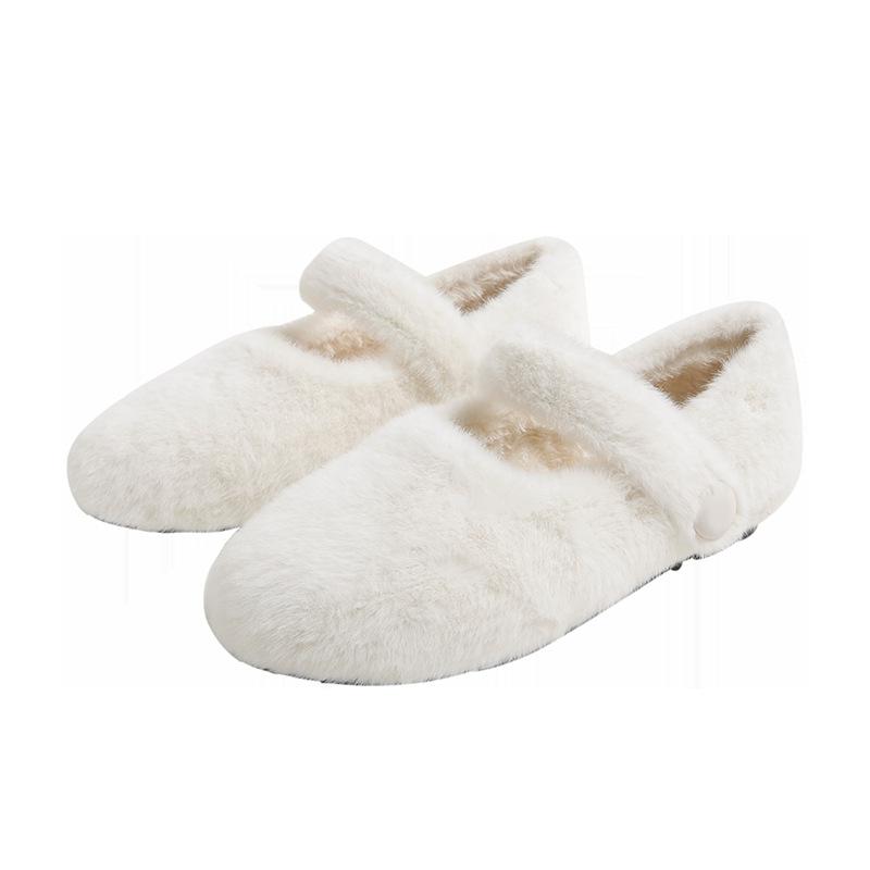 Fashion Rabbit Fur Mary janes shoes woman round toe ankle strap furry loafers 34-43 big size warm plush winter shoes female cotton flats