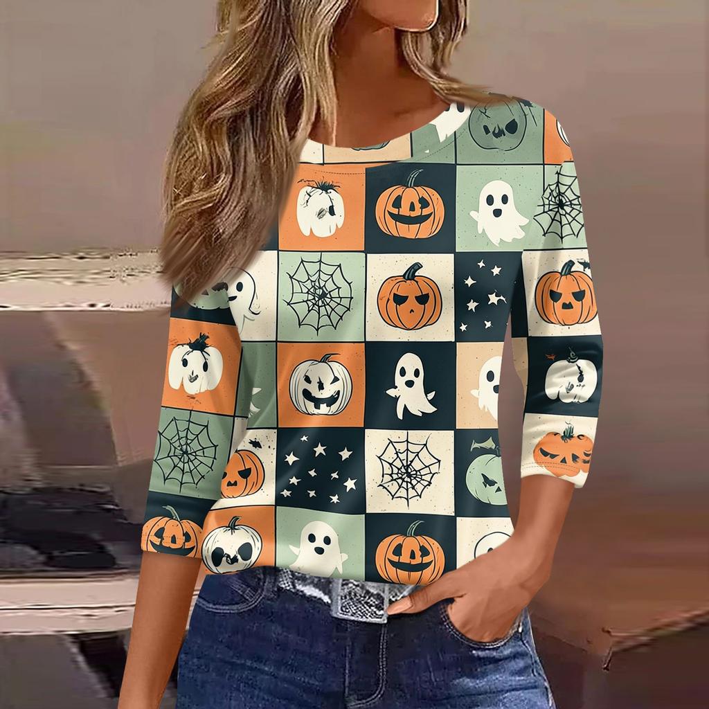 Women's Halloween Print 3/4 Sleeve Loose Fit Casual T-Shirt Round Neck Comfortable Top for Everyday Wear