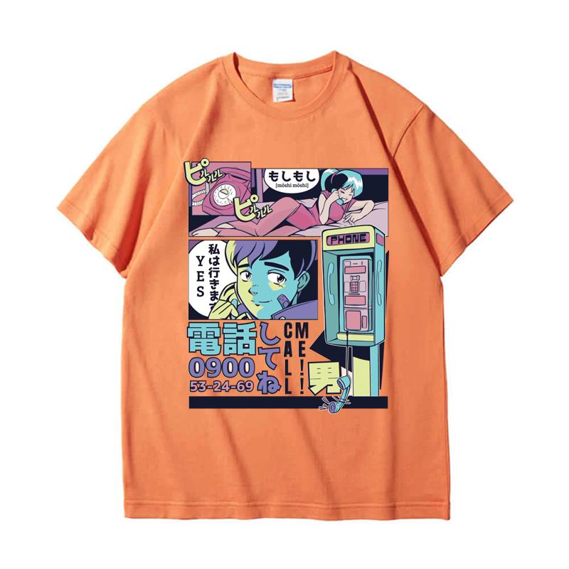 

220GSM Тяжелая футболка из 100% хлопка Vaporwave Аниме Call Print Мужская повседневная футболка с круглым вырезом Базовые мужские топы Футболка