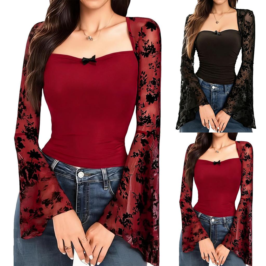 Top de Red Transparente de Alta Gama con Bordado de Encaje de Moda para Mujer