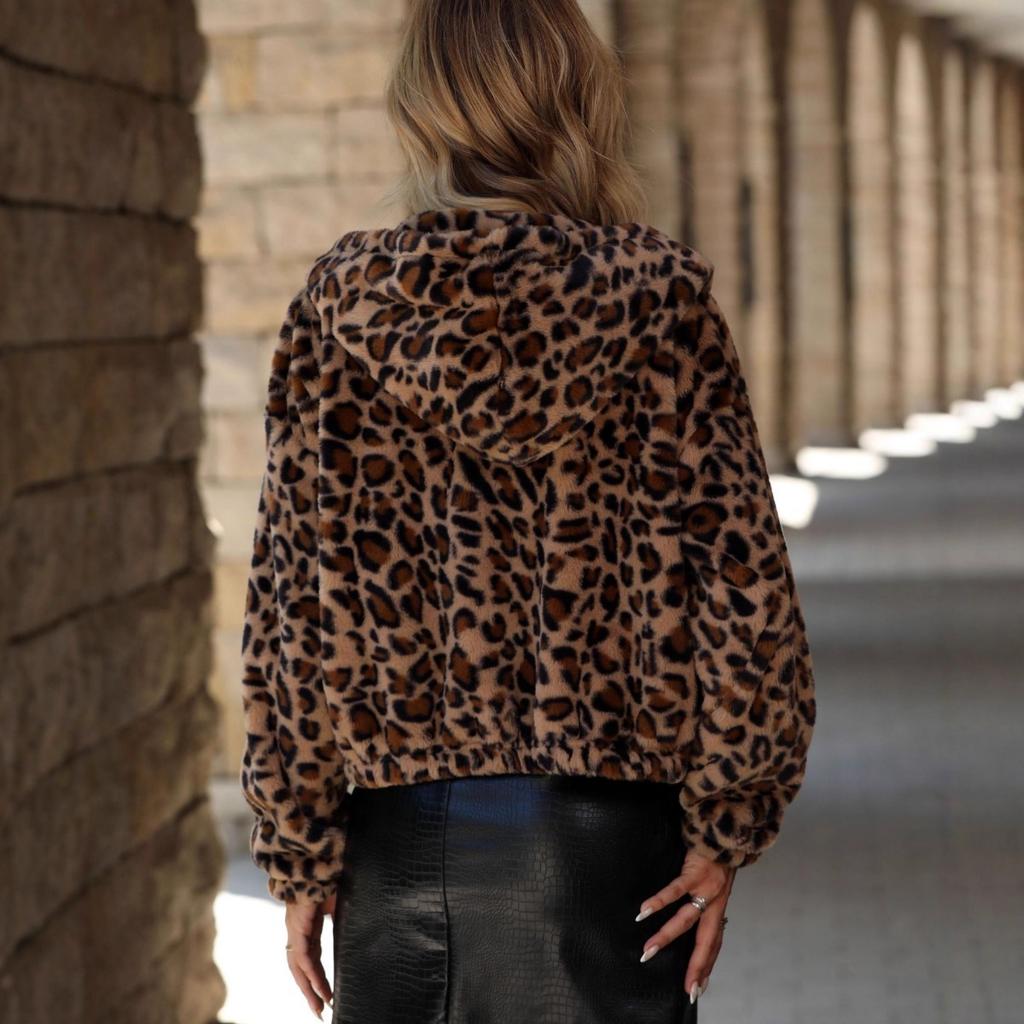 Autumn Winter Women's Leopard Print Fleece Jacket, Loose Long Sleeve Zipper Fluffy Outerwear for Women, EU/US Size