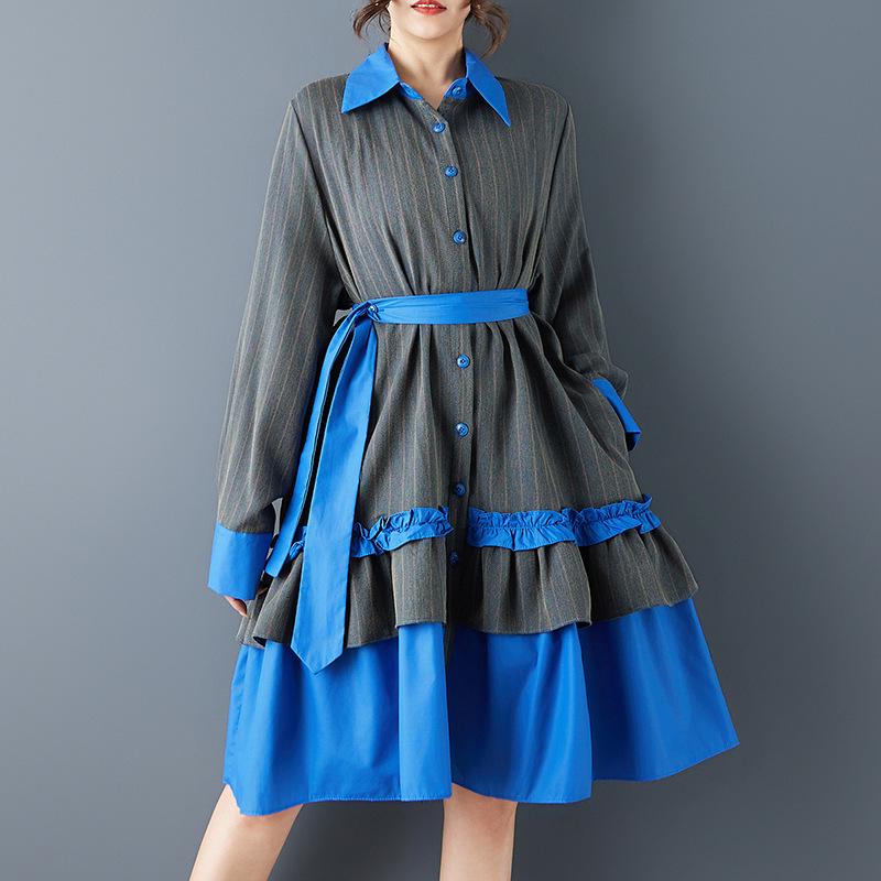 Spring Ruffle Pleated Color Block Elegant Shirt Dress Plus Size Free Size