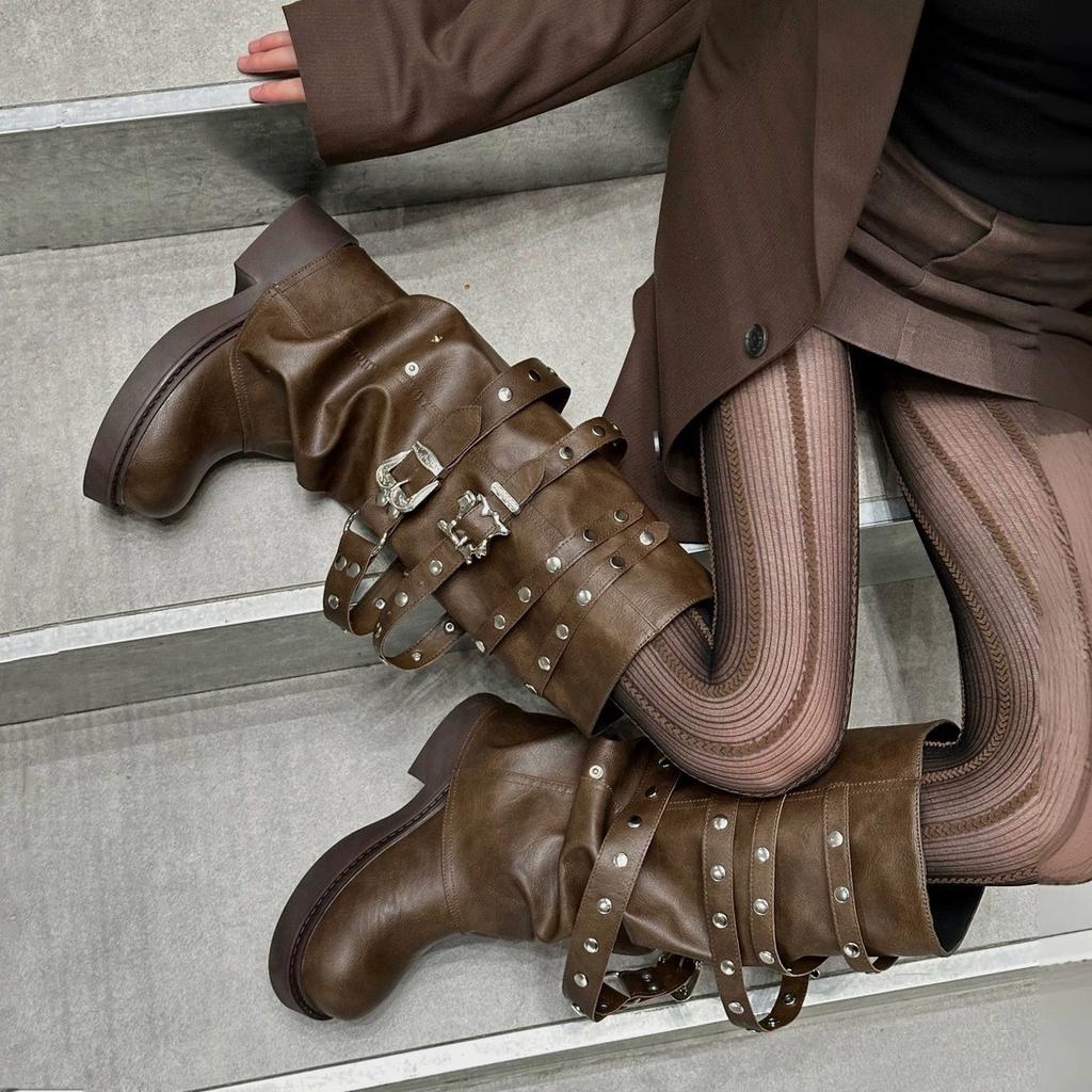 Rindslederversion Retro Spice Girl Nietenhose Stiefel Damen runde Spitze dünne lange Stiefel Nische hohe Stiefel Gefühl Ritterstiefel