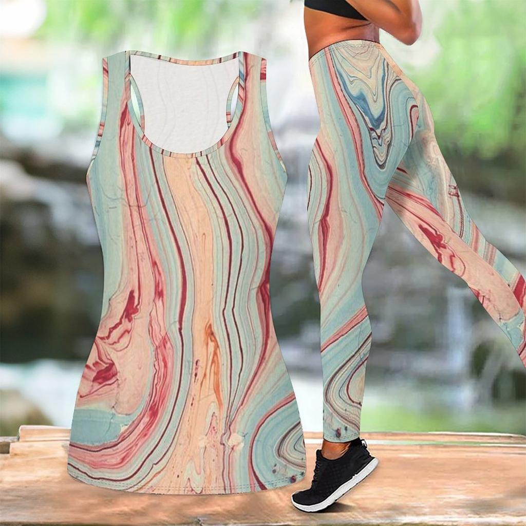 Marmoriertes gedrucktes Yoga-Outfit für Damen Mode-Workout-Leggings Fitness-Sport-Freizeit-Yoga-Set Sportanzug