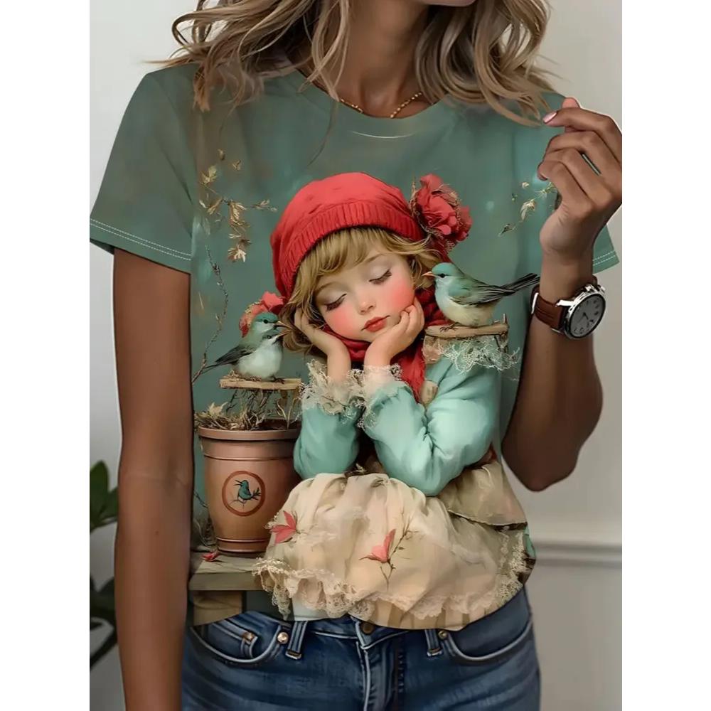 Fashion Women's Printed T-Shirt Casual Versatile Short Sleeve Daily Comfort Short Sleeve Simple T-Shirts Women’s