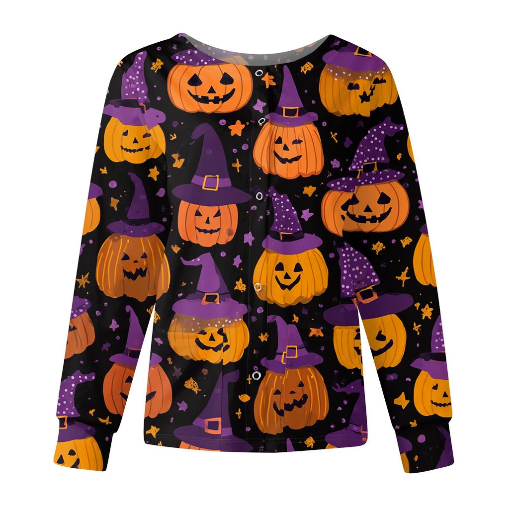 Women's Casual Fashion Long Sleeve Standing Collar Single Breasted Halloween Printed Workwear Jacket Tops