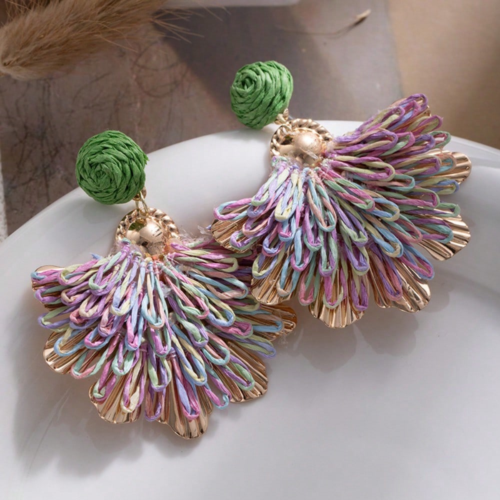 Ethnic Style Hand-woven Colored Fan-shaped Flower Earrings, High-end Bohemian Vacation Earrings
