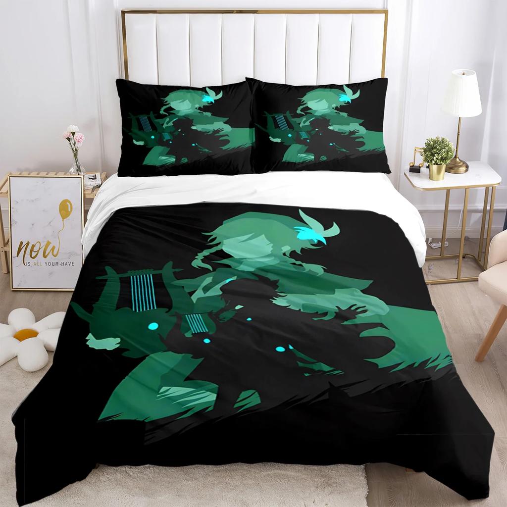 Genshin Impact Print Set lenjerie de pat trei piese Articol de modă Copii sau adulți pentru paturi Huse de pilota Fețe de pernă Set de lenjerie de pat