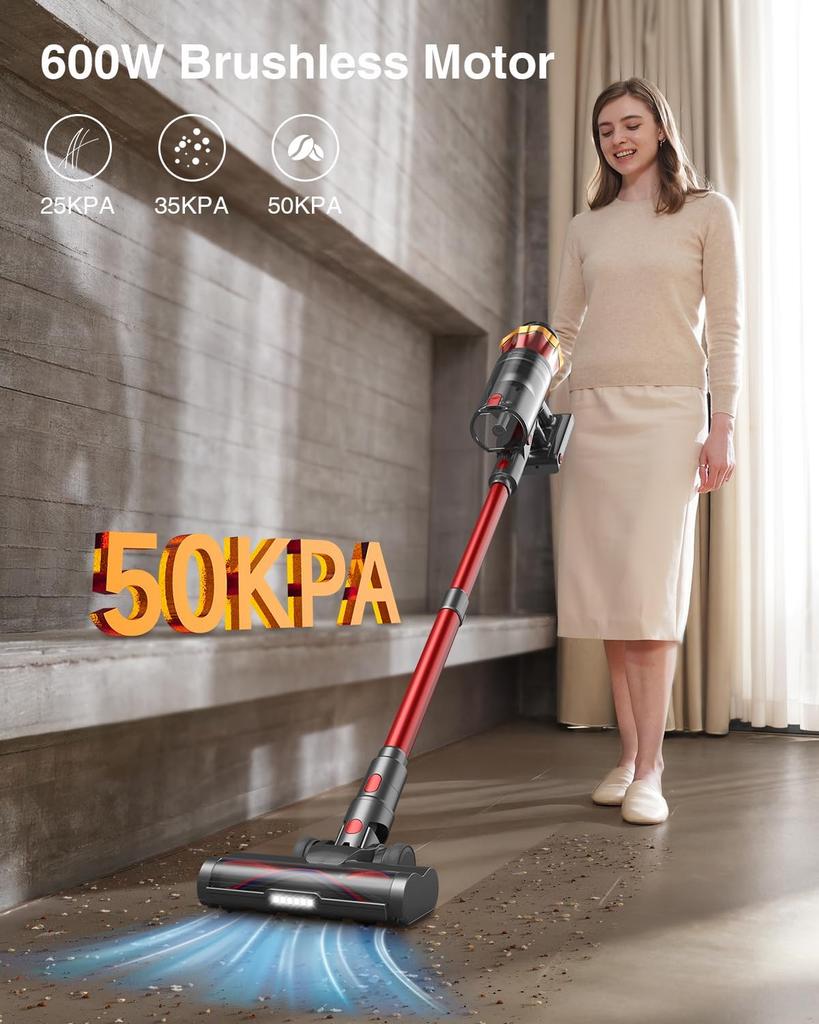 Cordless Vacuum Cleaner 600W, 50KPa, Self-Standing Stick Vacuum for Home, Hardwood Floors, Carpet, Pet Hair, Car (Red)