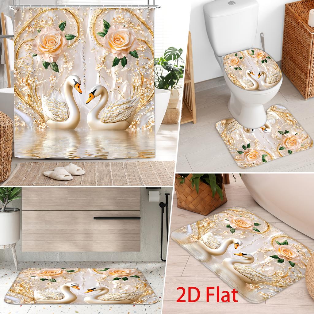 4Pcs Shower Curtain Set with Non-Slip Bath Mat, Toilet Lid Cover, Contour Rug & 12 Hooks, Bathroom Decor