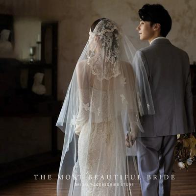 Retro Spitze Schleier Kopfschmuck Braut Hochzeit Kleid Französisch Lange Fotografie Probe Foto Requisiten