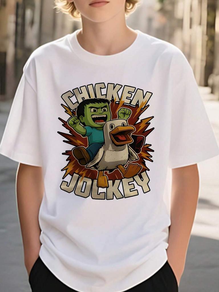 Soft Stretch Knit unisex T-Shirt - Cartoon Graphic, Breathable & Machine Washable - Lightweight Regular Fit Short Sleeve Tee For Sports, Beach