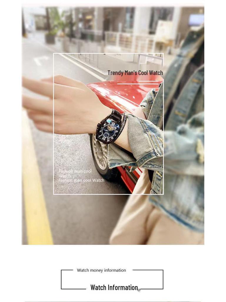 Men's Waterproof Barrel-Shaped Mechanical Leather Watch - Unique Design for Stylish Men