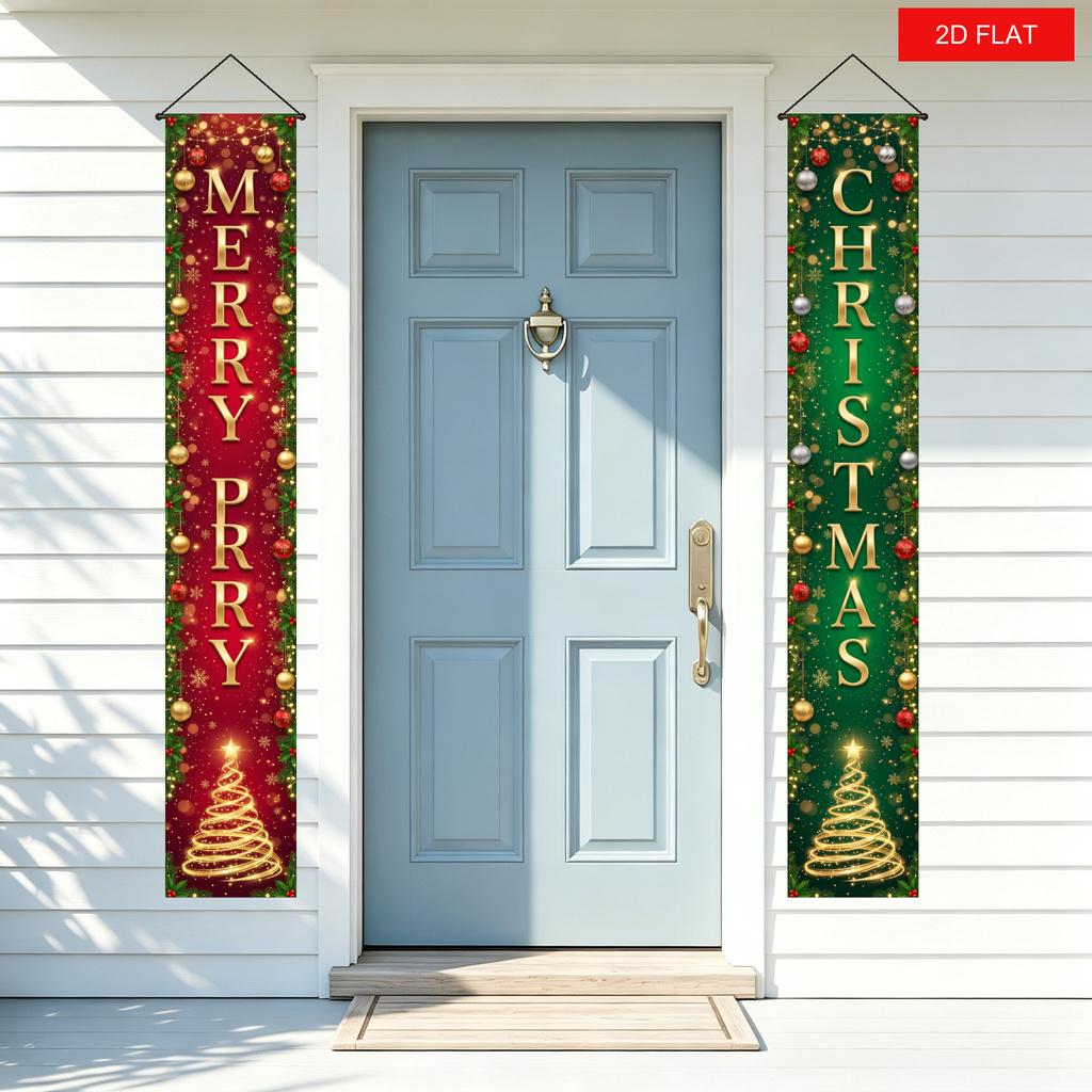 2D Flat, 2D Flat, 2D Flat Banner, 2pcs Christmas Front Door Welcome Flags MERRY CHRISTMAS Golden Letter Pine Needle Border Twinkling Balls Starlight G