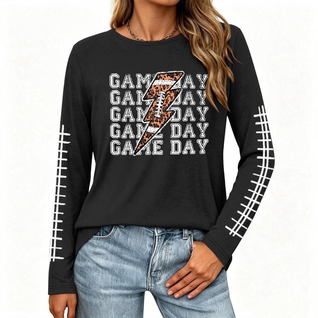 Women's Fashion Long Sleeve Neck Top with Rugby Print and Split Hem