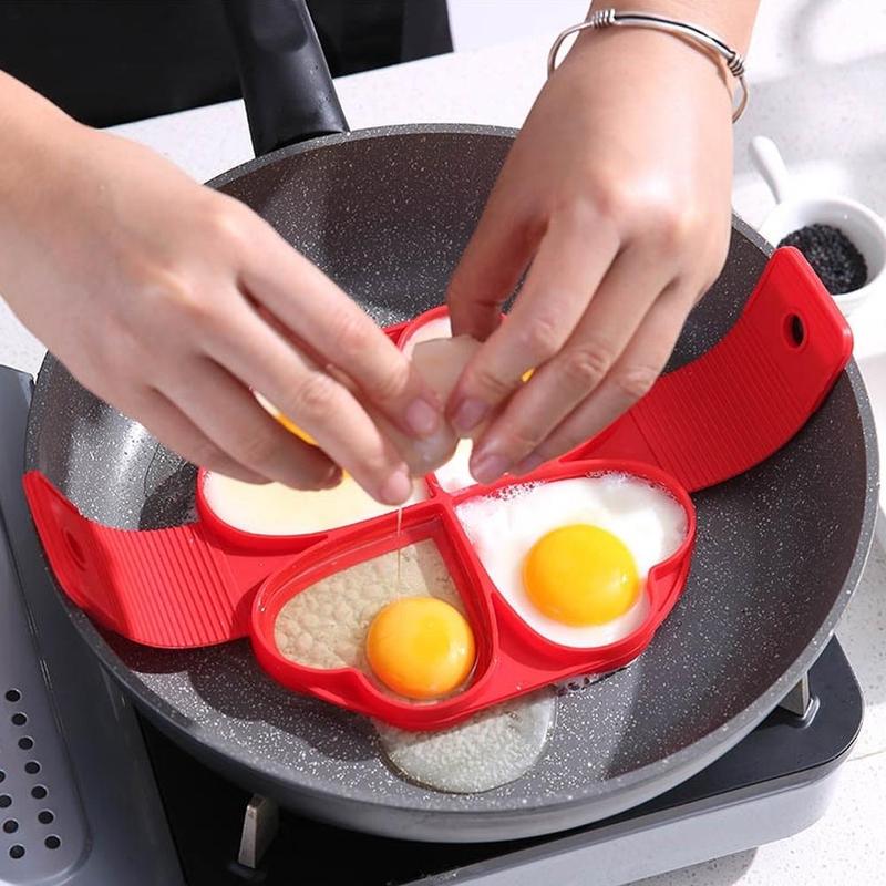 4-Cavity Silicone Pancake Mold Set - Heart/Flower/Square Shapes Egg Ring Non-Stick Baking Tool Cooking Accessories