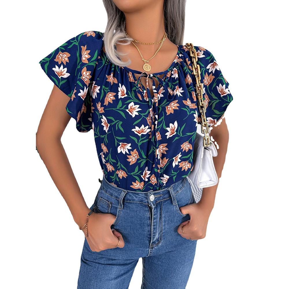 Frauen Frühling Sommer Lose Rüschen Spitze Up Chiffon Top Für Damen O Neck Fliegende Ärmel Floral Blusen