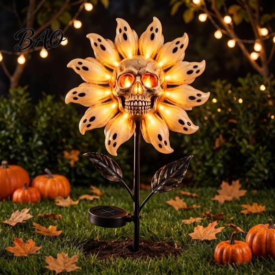Unique Holiday Path Lighting for Patio Solar Powered Skull Sunflower Light, Waterproof Garden Stake Automatic Charging Scary Decor Halloween Yard Lawn