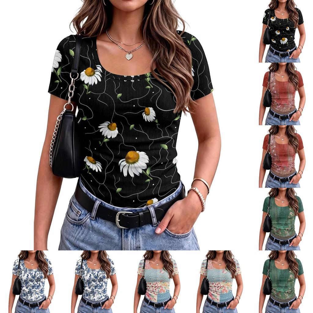 Women Slim Fit Square Neck Short Sleeve Top Vintage Floral Print Stretchy Ribbed Fabric Casual Summer Shirt