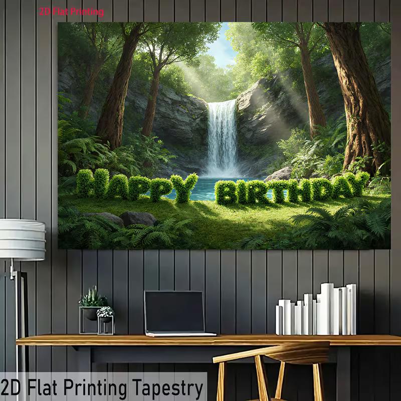 2D Forest Waterfall Happy Birthday Backdrop Jungle Greenery Party Photography Background Banner