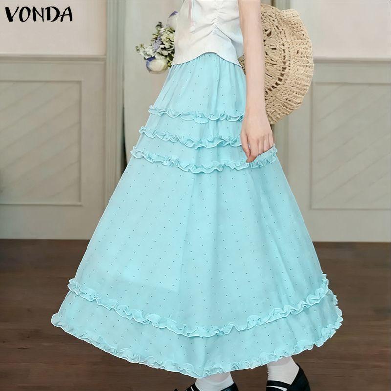 VONDA Women Elastic Waist Polka Dots Casual A-Line Pleated Swing Skirts