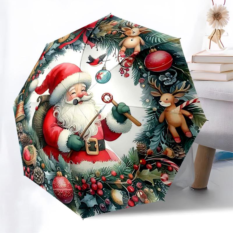 

1pc Christmas Santa Claus Wreath Automatic Folding Umbrella - Portable 3-Fold Design with 8-Bone Iron Frame, Outdoor for Fans, Travelers, Daily Use, F