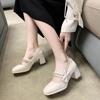 New Woman High Heel Shoes Square Heels Round Toe Mary Janes Pumps Buckle Strap Black Brown Handmade Elegant Lady Shoes