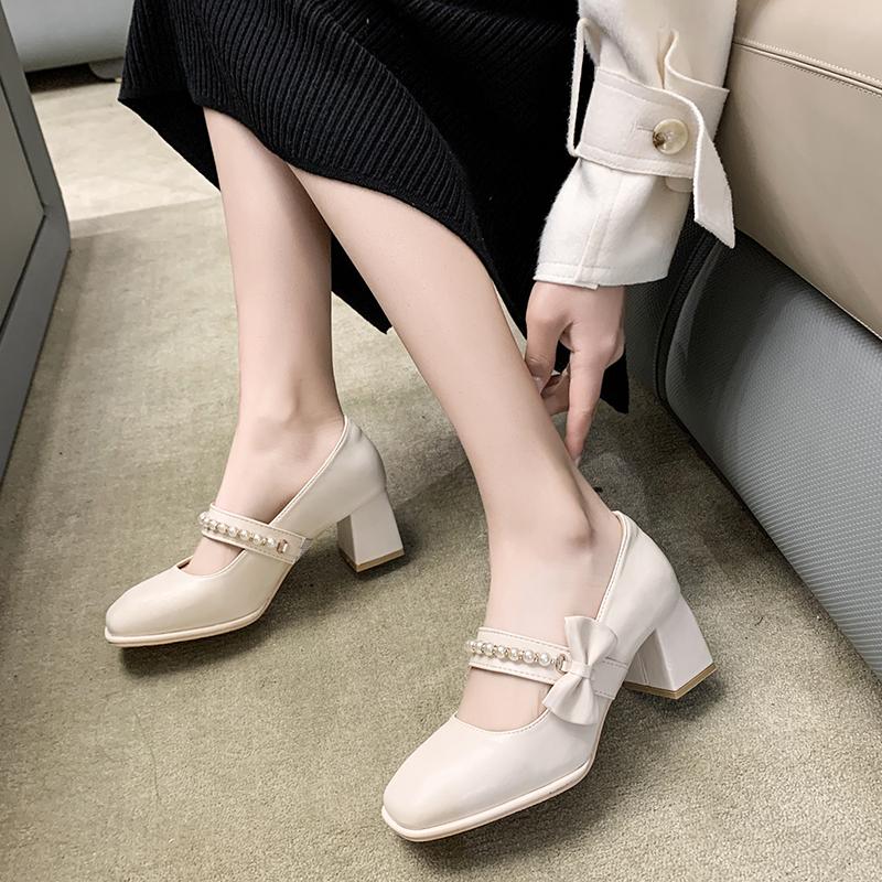 New Woman High Heel Shoes Square Heels Round Toe Mary Janes Pumps Buckle Strap Black Brown Handmade Elegant Lady Shoes