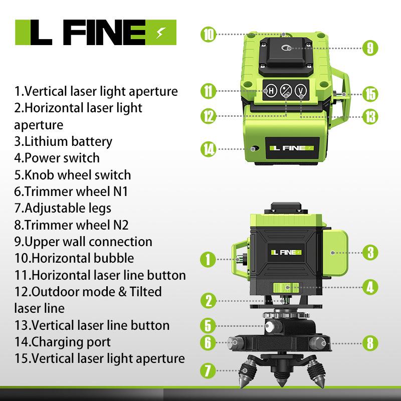 LFINE4D 16-Line 3D12-Line Green Light Laser Level Projector