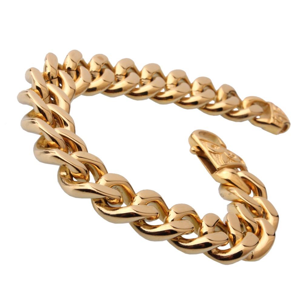 Fashion Style Mens Gold Bracelet Stainless Steel Bracelet  Curved Curb Link Chain Wholesale Jewelry 15mm