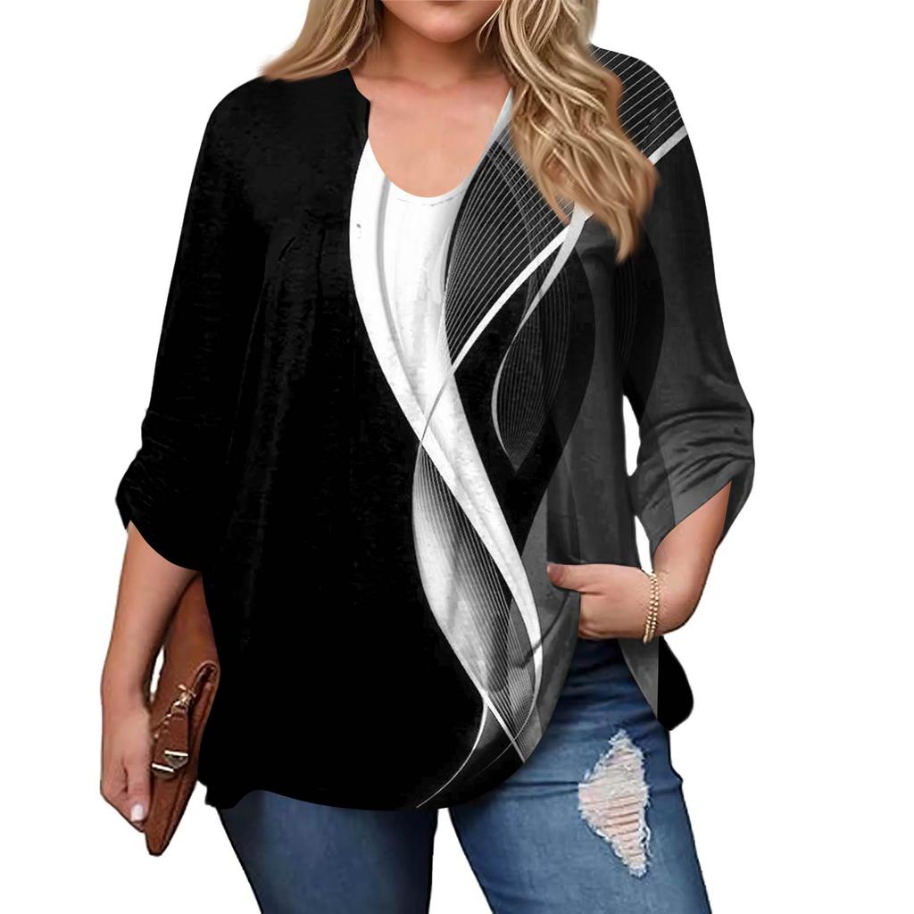 Women's Plus Size Fashion Printed Casual Pleated Round Neck Long Sleeve Top
