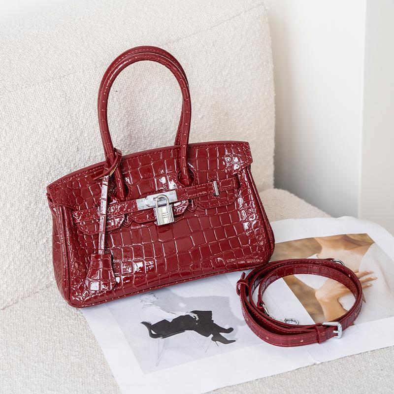 

Жіноча модна сумка з крокодилячим візерунком, горизонтальна платинова сумка, французька сумка під пахви великої місткості, сумка через плече з довгою ручкою та замком 25-12-27cm бордовий