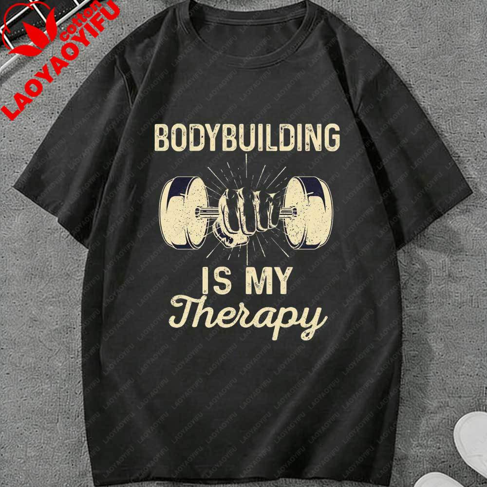 Unisexs Bodybuilding Is My Therapy Gym TShirt Vintage Dumbbell Print Casual Short Sleeve Crew Neck Tee for Fitness Fans Gift