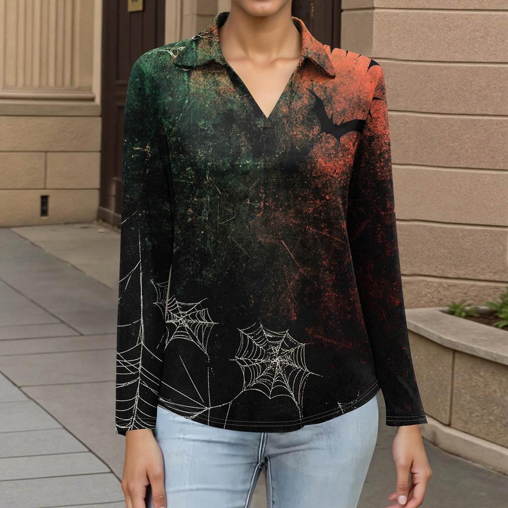 Dámská letní móda ležérní košile s potištěným výstřihem do V s dlouhým rukávem