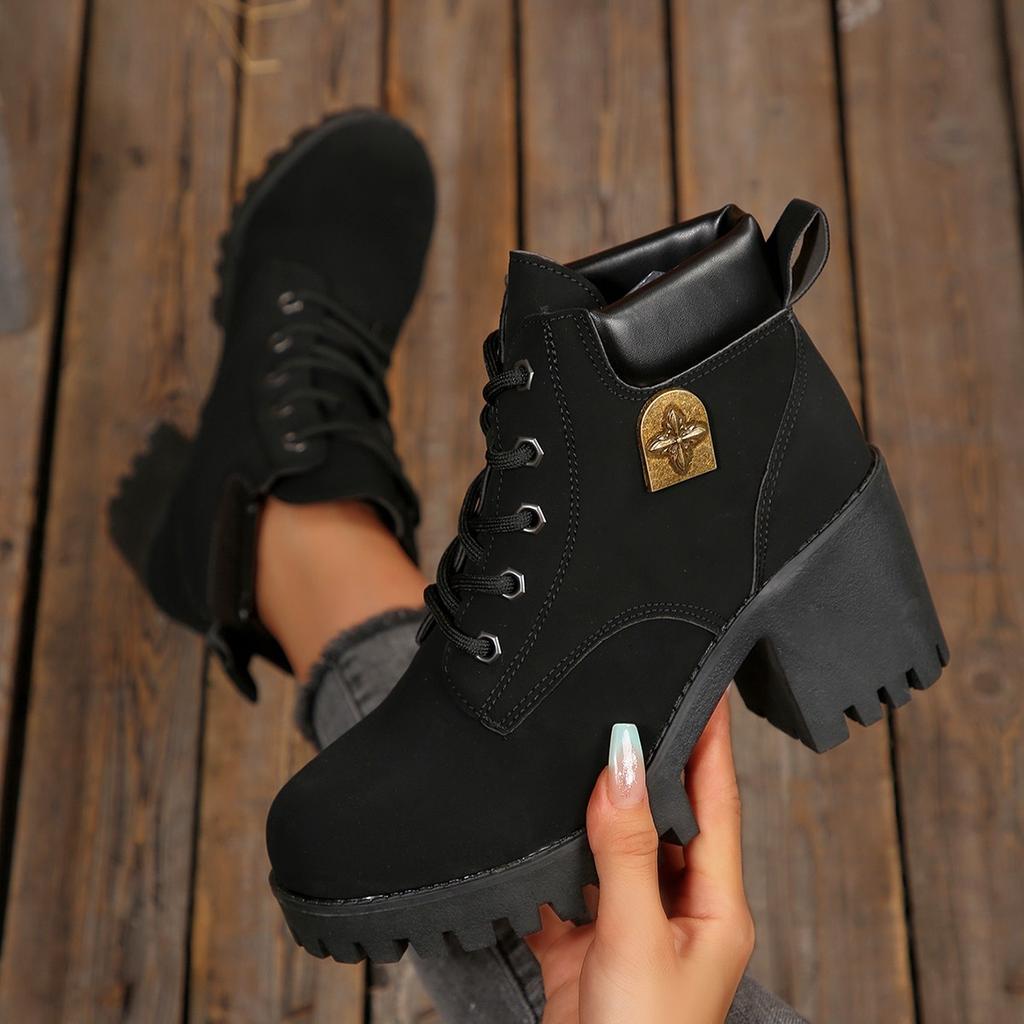 2025 New Short Heel Elegant Women's Lace-up Non-Slip Ankle Boots