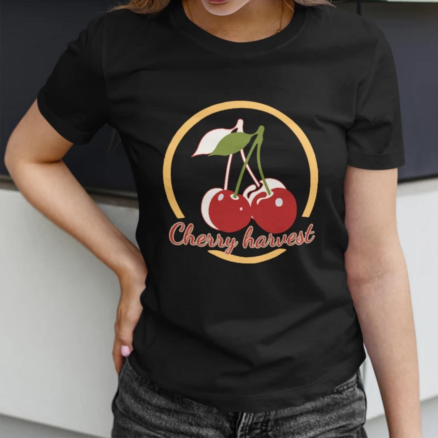 Women s Short Sleeve T Shirt Cherry Harvest Trendy with Retro Cherry Print S чёрный