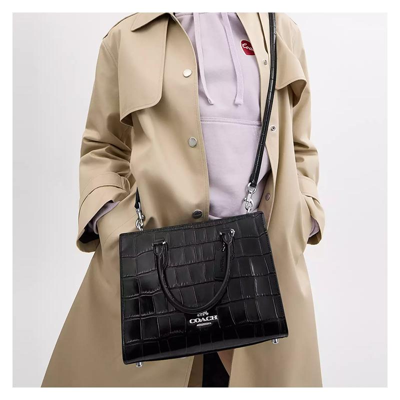 Coach Maggie 24 Brand Logo Crocodile Embossed Leather Tote Bag Tote Bag Shopping Bag Shoulder Crossbody Handbag Medium Size Women's Silver and Black
