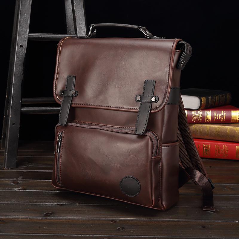 Trendy Men's British Fashion Backpack Personality Design Young Student Backpack Retro Crazy Horse Leather Bag 14-inch Computer Bag
